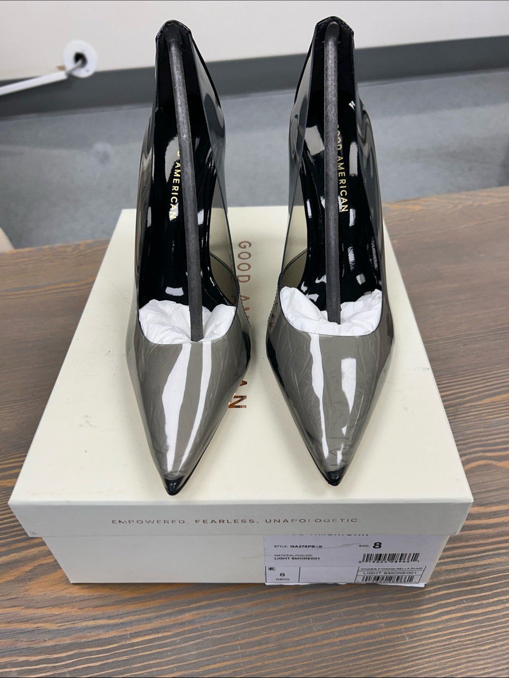 Good American Cinder-f*cking Rella Pumps Stiletto Heels- Light Smoke
